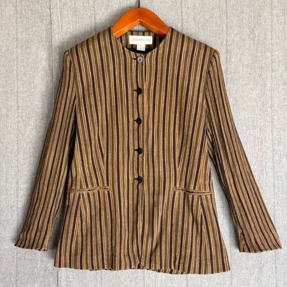 90s Vintage 90s Jones New York Linen Blend Tan Blue Green Strip Collarless Blaze - Picture 1 of 10